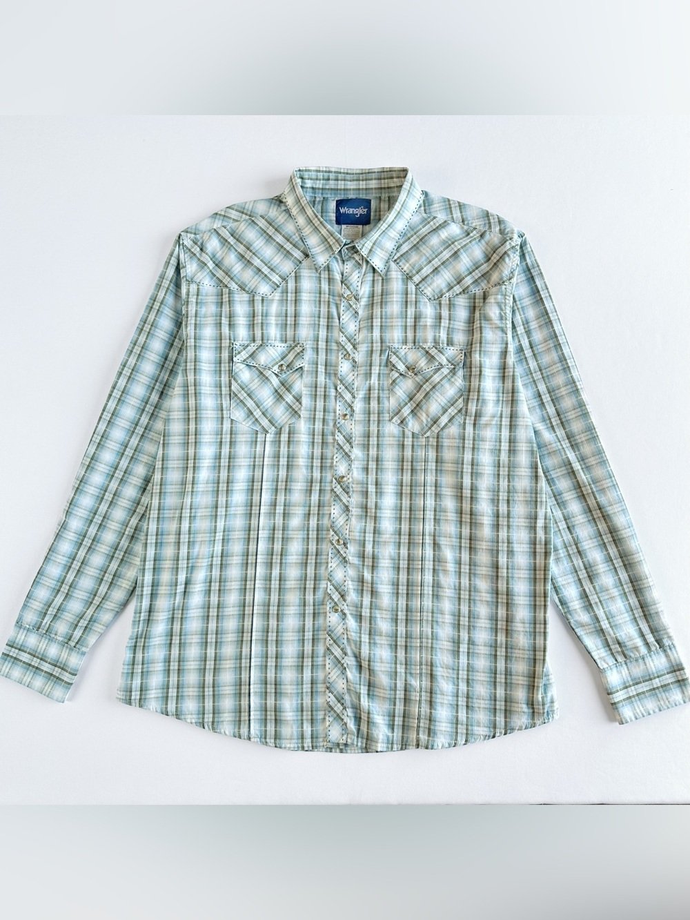 Wrangler Men Mint Green Plaid Western Button Shirt Embroidered & Pleated Accents